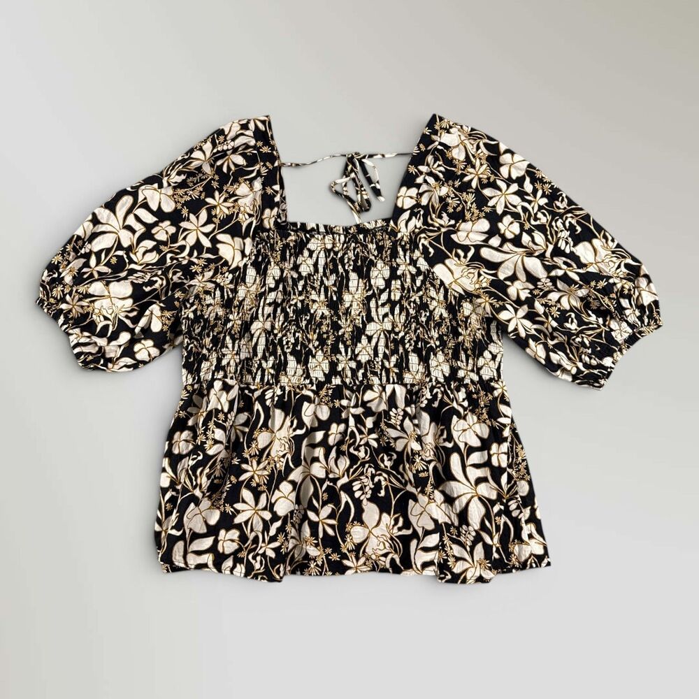 Ava & Viv Women’s Smocked Square Neck Blouse Black Gold White Floral Top Size 3X